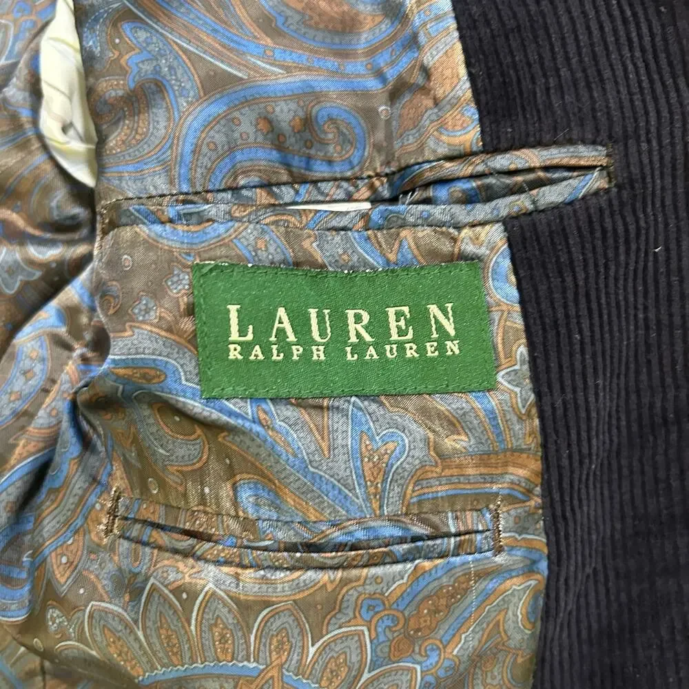 Lauren Ralph Lauren Corduroy Blazer 40R Navy Wide Wale Paisley Lined Sport Coat